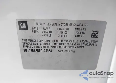 2015 Chevrolet Impala 2Lt from USA, damaged, VIN 2G1125S35F9124954